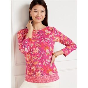 Talbots Women's Shirt Size XL Whimsical Floral Bateau Neck Tee 3/4 Sleeves